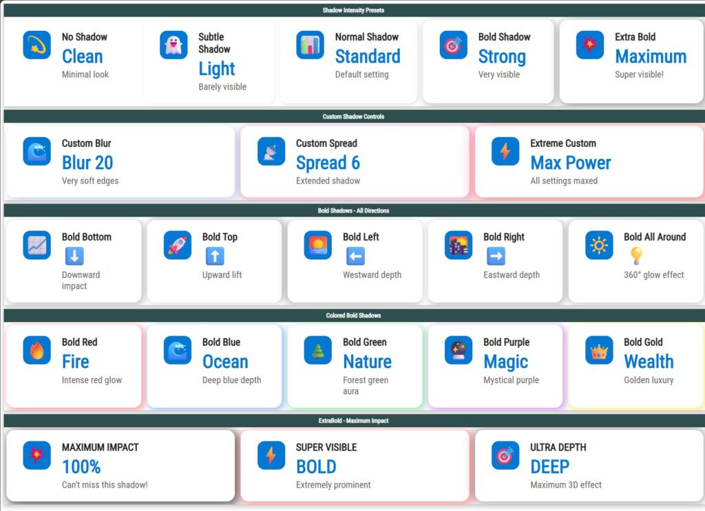Pokaz efektów cienia kart InfoCard z różnymi poziomami i kierunkami